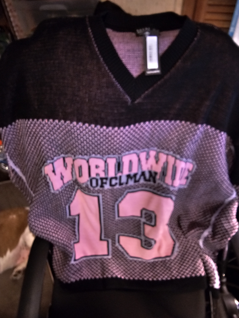 Boohoo Men's V-Neck Sweater in Pink and Black 'WORLDWIDE 13'